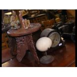 An oak cased mantel clock, an Ostrich egg on stand