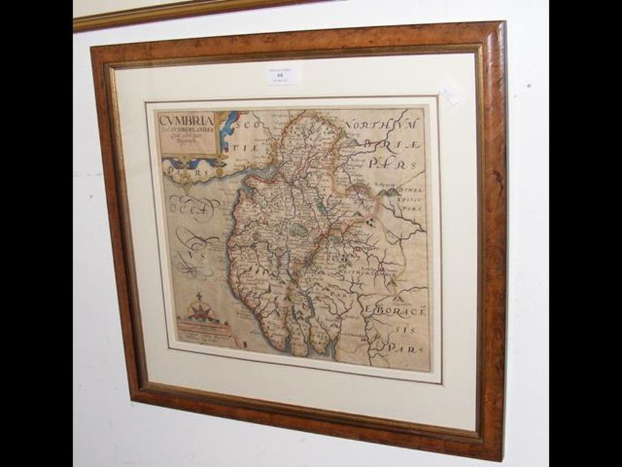 A Saxton Kip coloured map of Cumberland - framed a