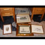 A collection of framed and glazed prints, some orn