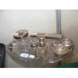 Silver top scent bottles, dressing table tray, etc