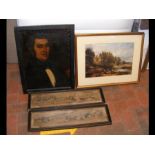 Two coaching prints, a 19th century oil portrait a