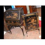 A Japanned bureau, together with fire screen