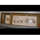 A set of three coloured prints depicting cartoon d