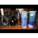 Isle of Wight pottery vases, old glass wine bottle