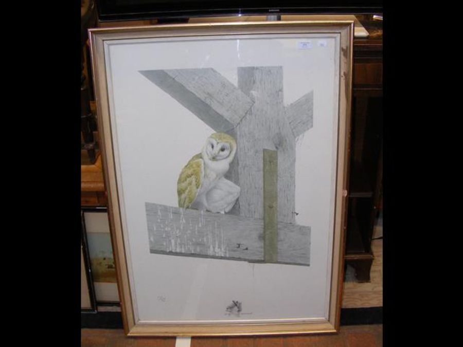 KEN LILLY - an Artist's proof of an owl on old bea