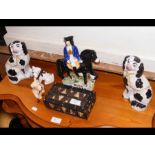 A pair of Staffordshire dogs, quill box, Dick Turp