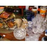 A collection of cut glassware, a cased pair of bin