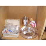 A plated beaker and plate, small stamp collection,