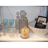 Three cut glass decanters and stoppers, other glas