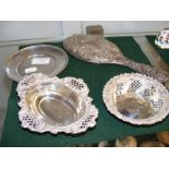 Two pierced silver baskets, a sterling silver pin dish, t