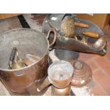 A brass coal scuttle, copper bucket and other meta