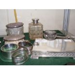 A silver topped scent bottle, napkin rings etc.