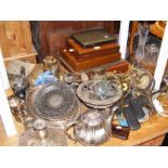 An assortment of metal ware, including canteens