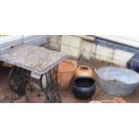 A galvanised bath, rhubarb forcer, marble top table,