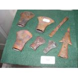 Seven antiquarian metal axe heads, etc.