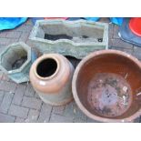 Two cast concrete flowerpots, rhubarb forcer, toge