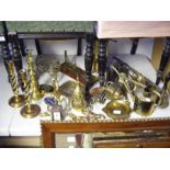 Assorted brass ware, including a pair of barley tw