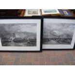 A pair of monochrome engravings of ships in rough