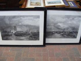 A pair of monochrome engravings of ships in rough