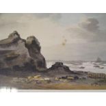 A watercolour of rocky coastal scene