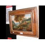 An antique oil on panel of river and bridge scene