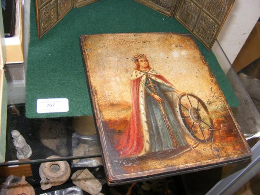 An antique painting of lady with wheel, possibly St Catherine? - 22cm x 18cm