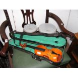 A violin in carrying case, together with a set of