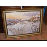 A large oil on canvas of snowy landscape - signed
