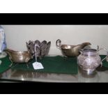 Two silver cream boats, Indian white metal bowl etc.