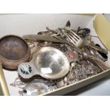 A silver quaich table salt together with flatware