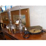 A pair of oil lamps, old scales