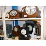 Three oak cased mantel clocks, two slate mantel cl
