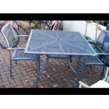 A metal square garden table and two chairs