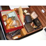 A tray of various collectables including pipes, ch