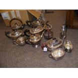 A selection of silver plated tea pots, coffee pot