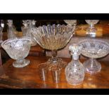 A cut glass table centre, decanter with stopper etc.