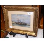 A miniature oil painting of sailing vessel unloadi