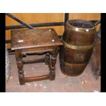 An antique joint stool, together with a brass boun