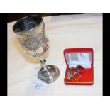 An 1875 Birmingham silver wine goblet, together with costume jewellery