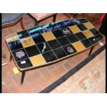 A mid century coffee table with gold and black che