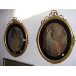A pair of decorative coloured engravings in oval g