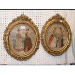 A pair of Victorian fabric montages in oval gilt f