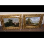 A pair of gilt framed oil on boards of country lan