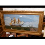 A Victorian painting on glass of three masted wars