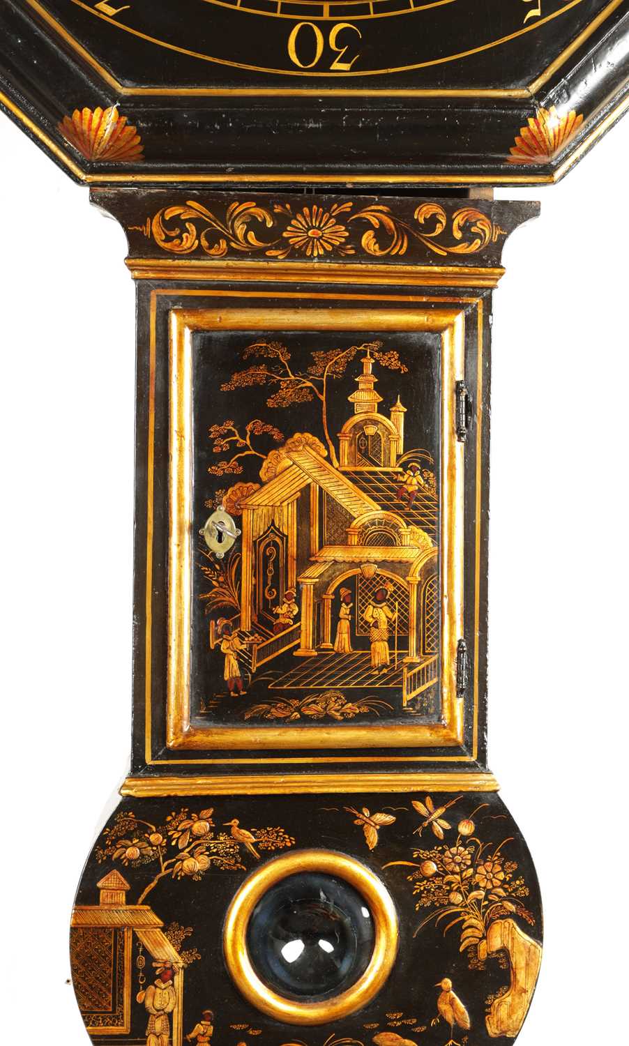 JOHN TICKELL, CREDITON. A RARE EARLY 18TH CENTURY LACQUERED CHINOISERIE TAVERN CLOCK OF LARGE SIZE - Image 3 of 21