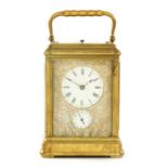 JOSEPH SOLDANO. A 19TH CENTURY FRENCH BRASS GORGE CASED GRAND SONNERIE CARRIAGE CLOCK WITH ALARM