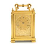 A SMALL MID 19TH CENTURY ENGLISH FUSEE GILT BRASS CARRIAGE CLOCK