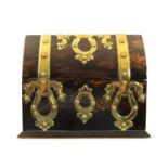 A 19TH CENTURY BRASS BOUND COROMANDEL LANCET-TOP CORRESPONDENCE BOX