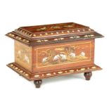 A LATE 19TH CENTURY ANGLO INDIAN INLAID HARDWOOD CASKET