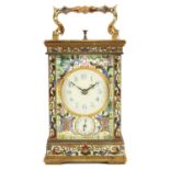 A LATE 19TH CENTURY FRENCH BRASS AND COLOURED CHAMPLEVE ENAMEL REPEATING CARRIAGE CLOCK WITH ALARM